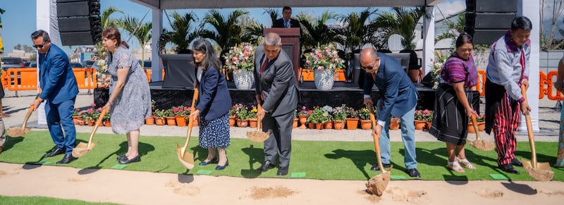 Elder Patricio M. Giuffra — a General Authority Seventy and president of the Central America Area, fourth from left — and his wife, Sister Maria Giuffra, third from left, stand with local Church leaders and community members to break ground for the Huehuetenango Guatemala Temple on Saturday, March 14, 2026, in Huehuetenango, Guatemala.