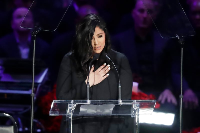Vanessa Bryant speaks about Kobe Bryant and daughter Gianna in Los Angeles.