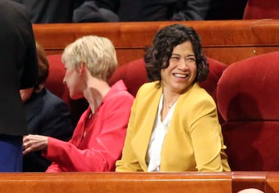 Sister Reyna I. Aburto, second counselor in the Relief Society general presidency, waits for the start of the Sunday afternoon session of the 188th Annual General Conference of The Church of Jesus Christ of Latter-day Saints at the Conference Center in Sa