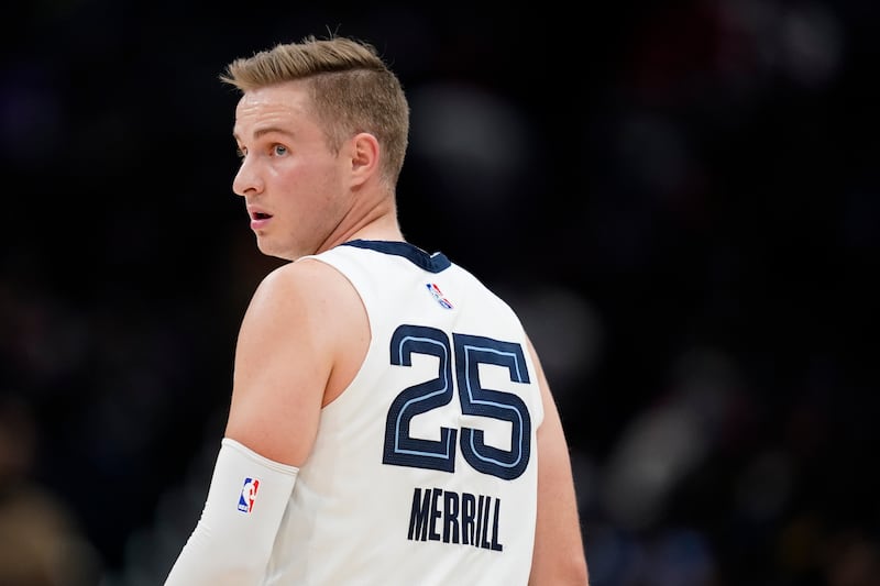 Memphis Grizzlies guard Sam Merrill walks on the court in the second half of an NBA basketball game against the Washington Wizards.