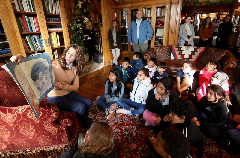 Utah first lady Abby Cox reads “Can’t You Sleep, Little Bear?” to Lincoln Elementary School fourth graders at the Governor’s Mansion in Salt Lake City on Wednesday, Nov. 29, 2023.