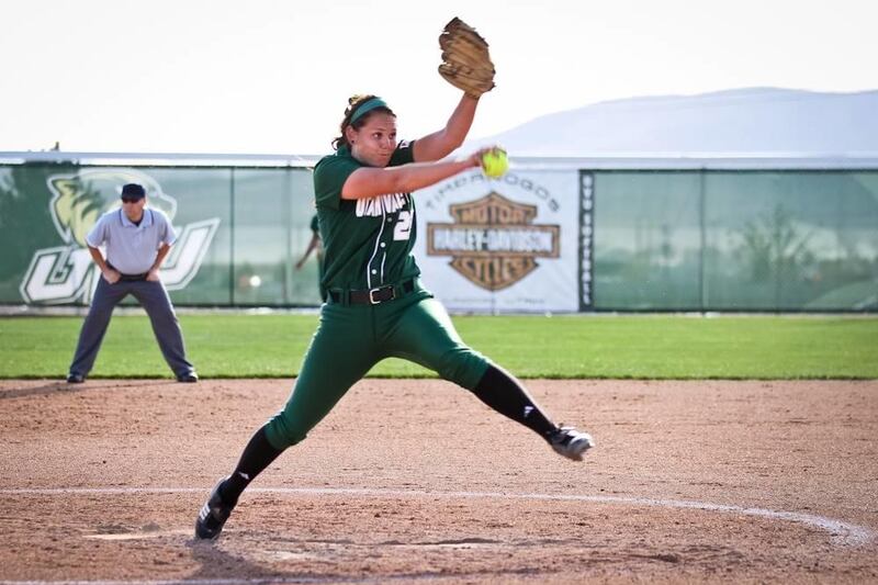 UVU senior Tiffany Mills winds up to pitch. She pitched a complete game shutout against SUU on Friday. She allowed just four hits while striking out 10 as the Wolverines defeated the T-Birds, 3-0.