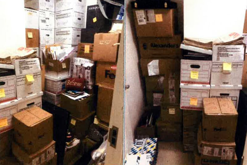 Boxes in a storage closet at the Penn Biden Center in Washington, in March 2021.