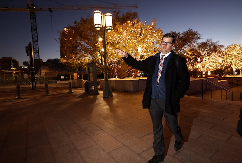 Jay Warnick, grounds manager at Temple Square, discusses the Christmas lights at the Conference Center in Salt Lake City.