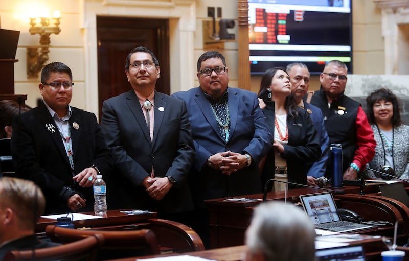 Members of the Navajo Nation gather in the Utah Senate chamber as Code Talkers from World War II were recognized.