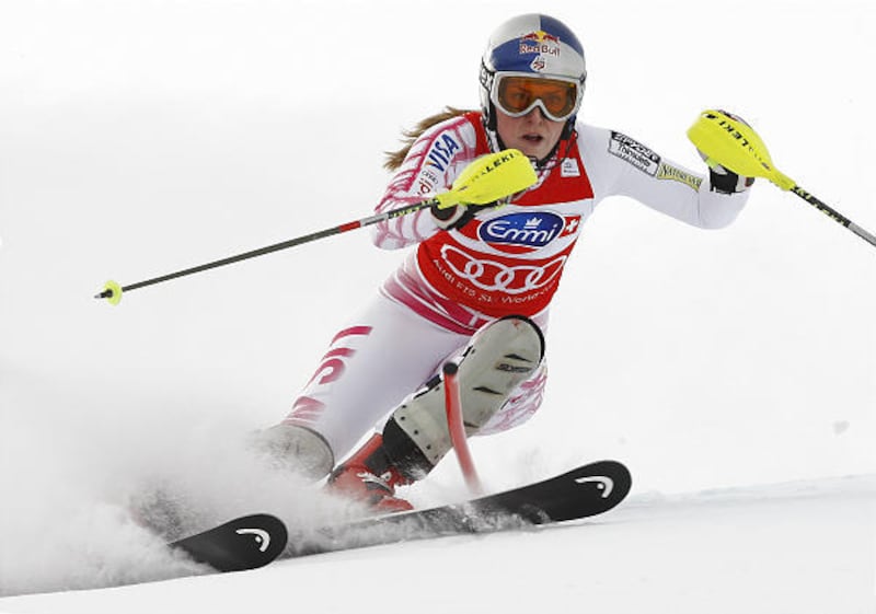 Lindsey Vonn of the United States speeds down the course during an Alpine Ski, Women's World Cup super-combined race, in St. Moritz, Switzerland, last month