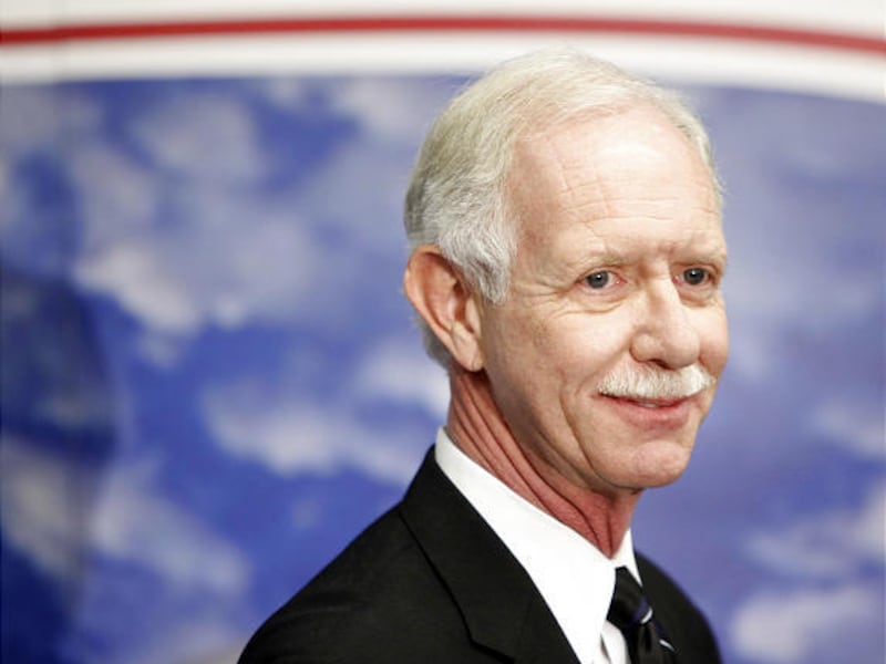 Pilot Chesley Sullenberger speaks to the media at LaGuardia Airport in New York, Thursday.