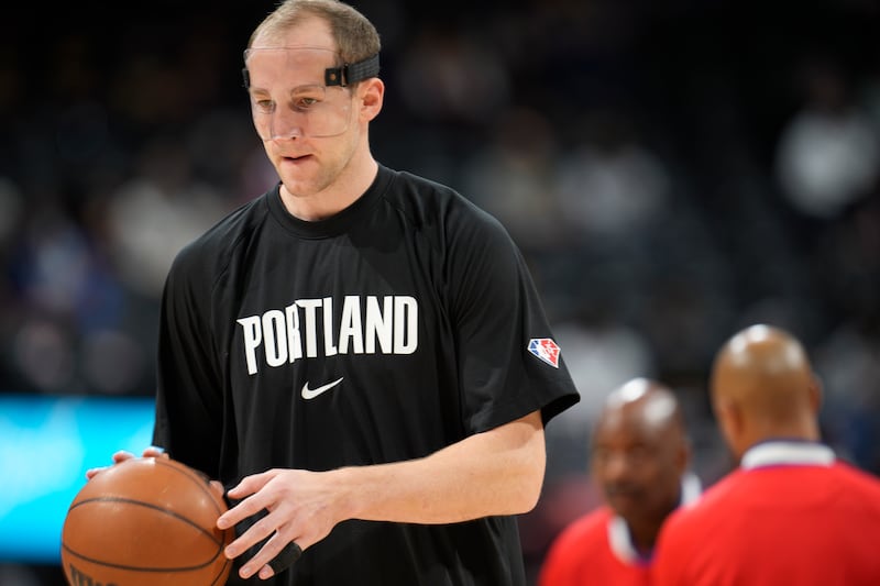 Portland Trail Blazers center Cody Zeller (40) in the first half of an NBA basketball game Sunday, Nov. 14, 2021, in Denver.