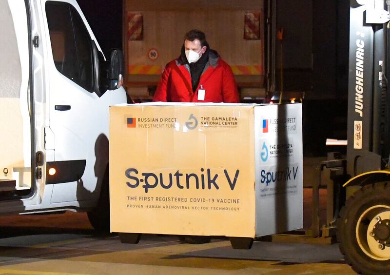Russia’s Sputnik V coronavirus vaccine arrives at Kosice Airport, in Slovakia.