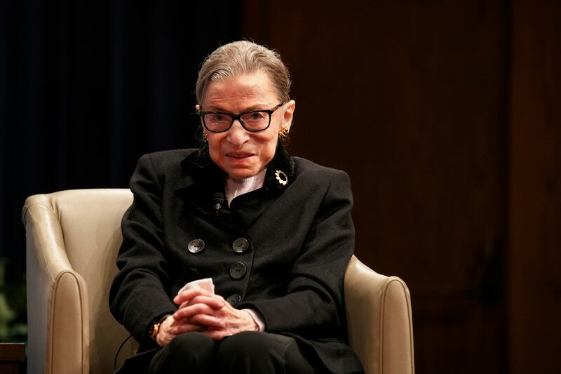 In this Oct. 30, 2019, file photo, Supreme Court Justice Ruth Bader Ginsburg attends Georgetown Law’s second annual Ruth Bader Ginsburg Lecture in Washington. A tweet Monday, Aug. 31, 2020, from a new bride brought the first sighting of ailing Supreme Court Justice Ruth Bader Ginsburg in months — officiating at an outdoor wedding Sunday.