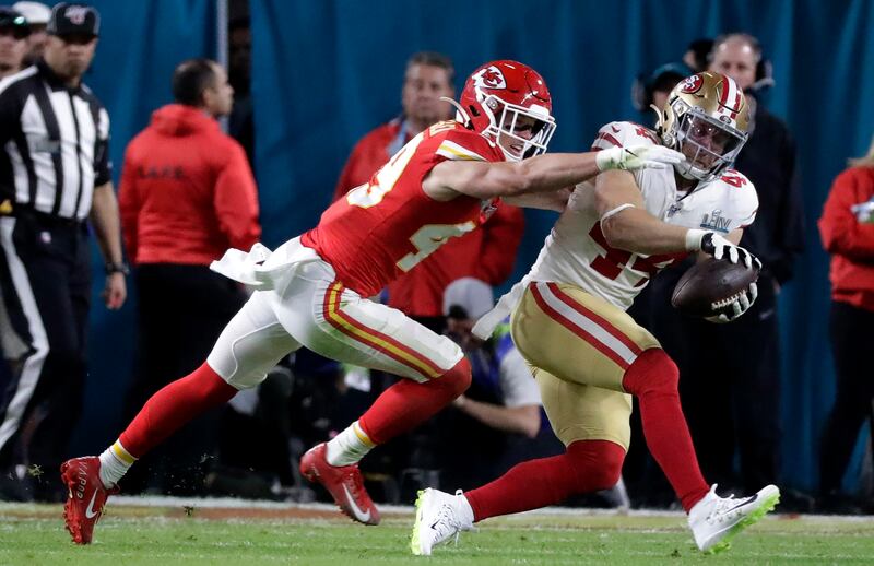 Kansas City Chiefs safety Daniel Sorensen defends a pass intended for San Francisco’s Kyle Juszczyk during Super Bowl 54.