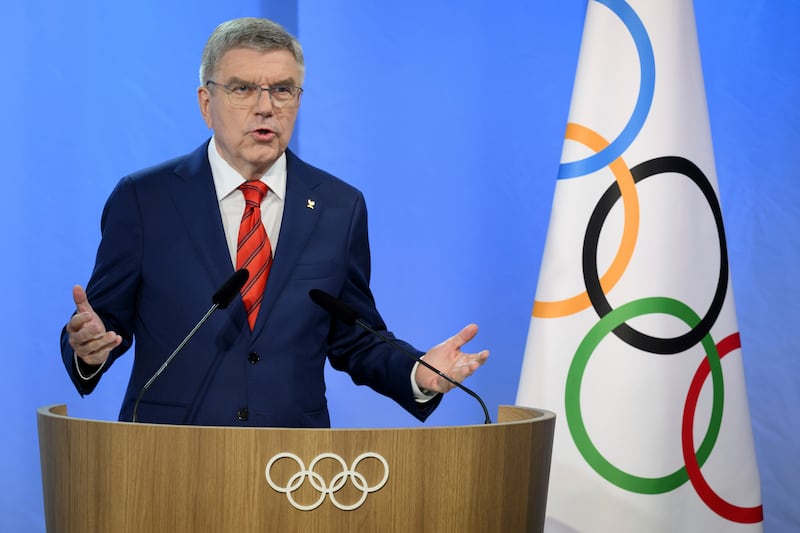 International Olympic Committee President Thomas Bach speaks at the opening of the hybrid 140th IOC Session of the International Olympic Committee, at the Olympic House, in Lausanne, Switzerland.