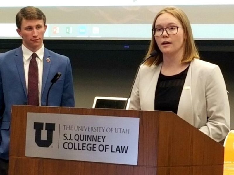 Former Associated Students of the University of Utah President Connor Morgan and ASUU Senate Chairwoman Kaitlin McLean, present proposed safety language for all course syllabuses to the U.'s Academic Senate in April 2019.
