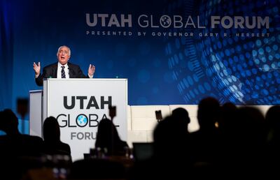 Economist Ben Stein delivers the keynote address at the Utah Global Forum at The Grand America Hotel in Salt Lake City on Thursday, Nov. 8, 2018.