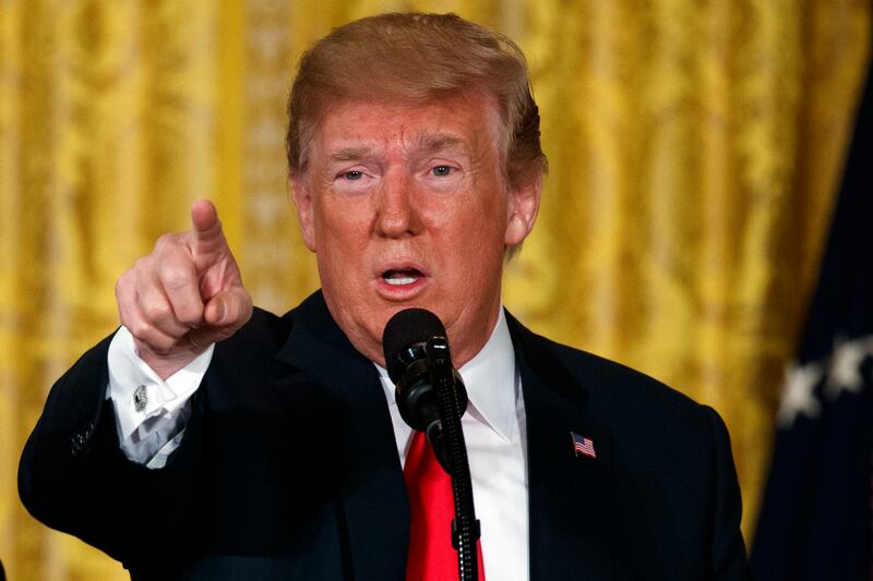 FILE - In this Monday, June 18, 2018, file photo President Donald Trump speaks during a meeting of the National Space Council in the East Room of the White House in Washington. Trump will be in Las Vegas on Saturday, June 23, 2018, to headline the Nevada