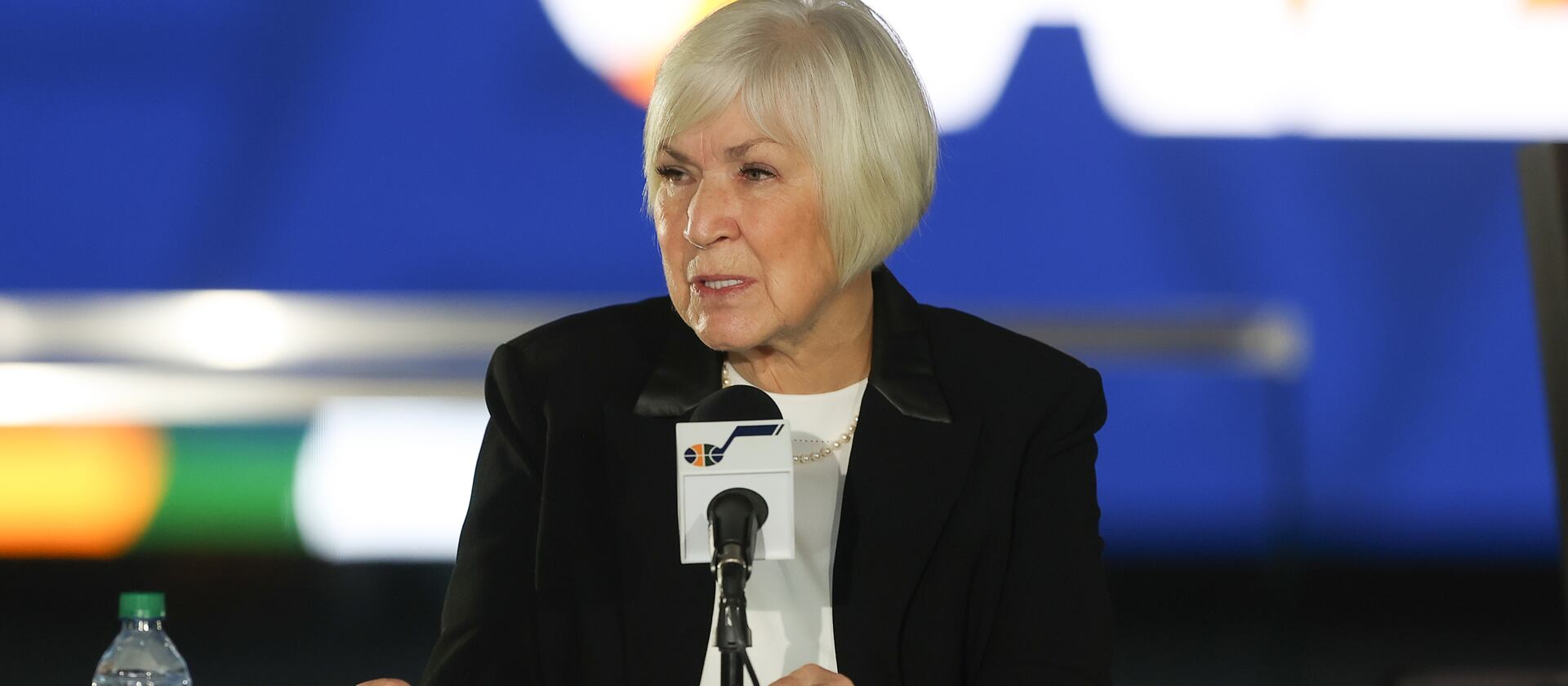Gail Miller speaks at a press conference announcing the sale of the Utah Jazz to Qualtrics CEO Ryan Smith at Vivint Arena.