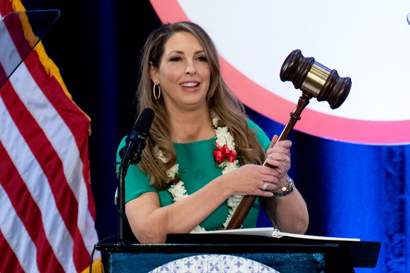 Reelected Republican National Committee Chair Ronna McDaniel holds a gavel while speaking on Jan. 27, 2023.