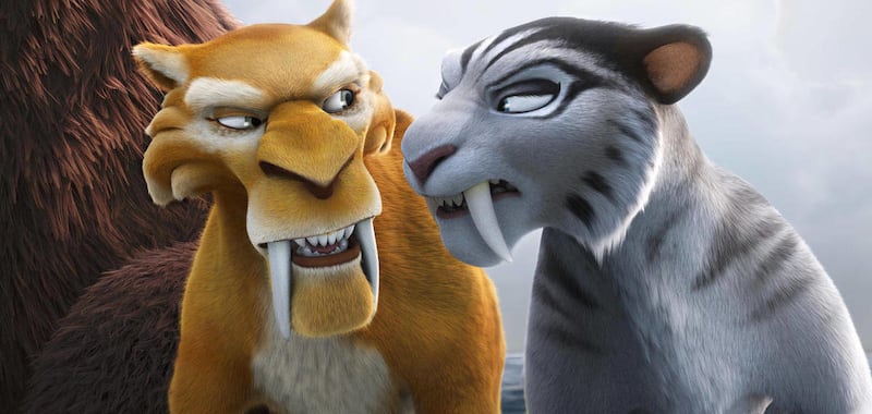 This image released by 20th Century Fox shows the characters Diego, voiced by Denis Leary, left, and Shira, voiced by Jennifer Lopez in a scene from the animated film, "Ice Age: Continental Drift."