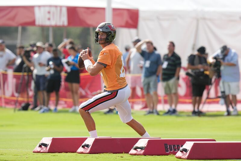 Tampa Bay Buccaneers quarterback Tom Brady during a training camp practice Wednesday, Aug. 10, 2022, in Tampa, Fla.