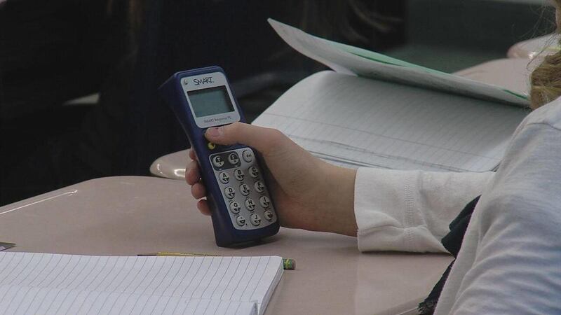 During a class on Tuesday, Jan. 17, at Westfield Elementary School in Alpine, Karre Nevarez’s sixth-grade class students use a SMART device to help her know if they understand a new concept. Students answer questions with the buttons, and the data immedia