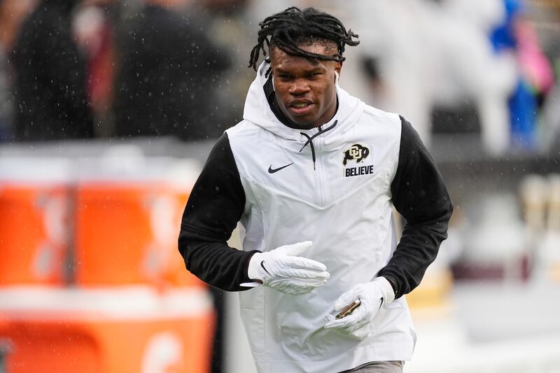 Colorado cornerback Travis Hunter (12) during the first half of an NCAA college football practice Saturday, April 27, 2024, in Boulder, Colo.