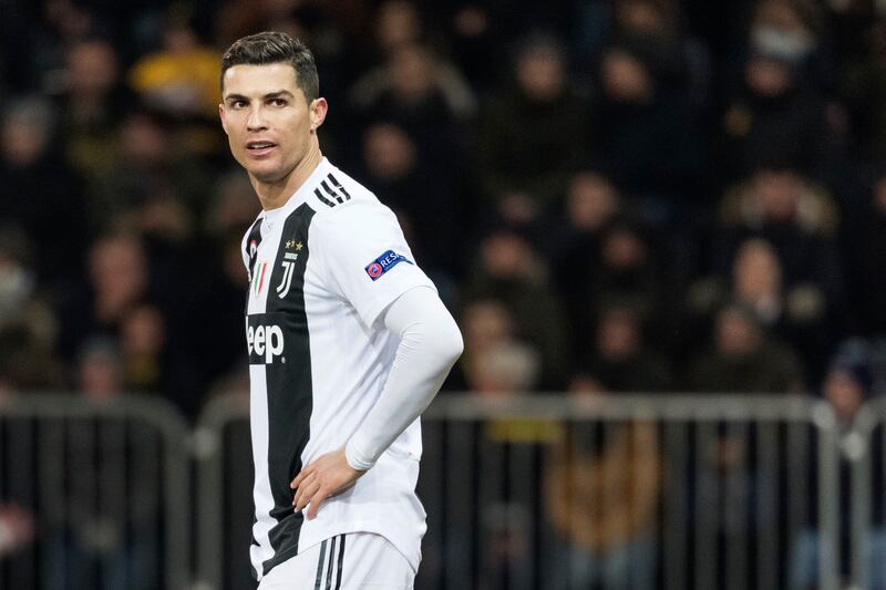 In this Dec. 12, 2018, file photo, Juventus’ Cristiano Ronaldo reacts during the Champions League match at the Stade de Suisse in Bern, Switzerland.