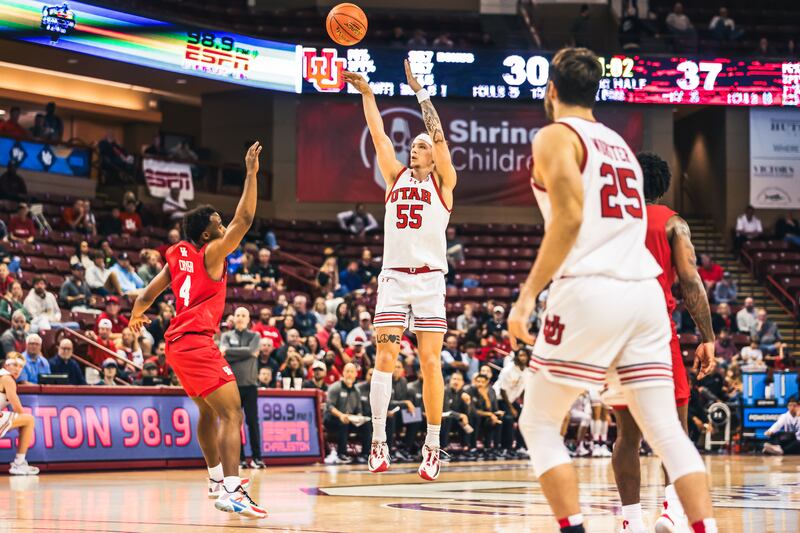 Utah’s Gabe Madsen (55) shoots the ball against Houston during the Charleston Classic in Charleston, S.C., Friday, Nov. 17, 2023. Madsen scored a career-high 29 points as the Runnin’ Utes lost to the No. 6 Cougars, 76-66.