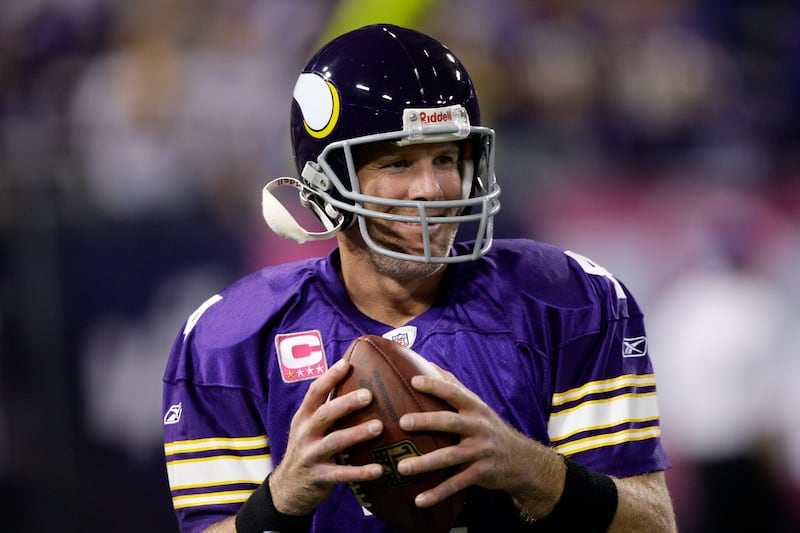 Brett Favre throws before an NFL football game Monday, Oct. 5, 2009, in Minneapolis.