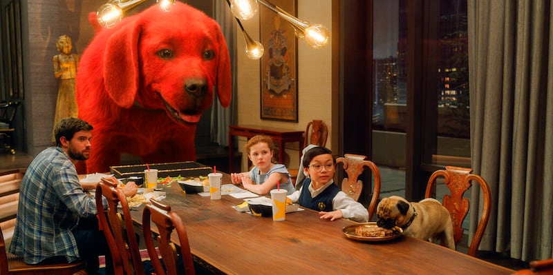 Jack Whitehall, Darby Camp and Izaac Wang appear in a scene from “Clifford the Big Red Dog.