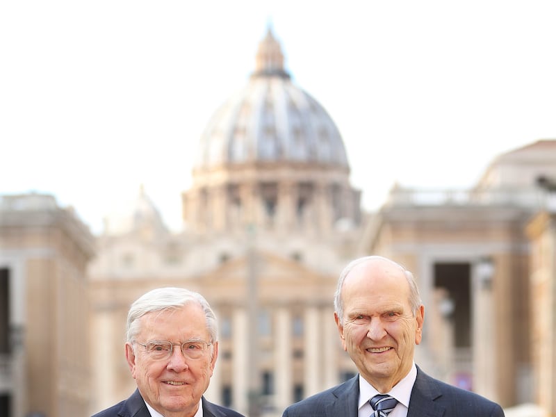 President Russell M. Nelson of The Church of Jesus Christ of Latter-day Saints and President M. Russell Ballard, president of the Quorum of the Twelve Apostles, pose near the Vatican in Rome, Italy, on Saturday, March 9, 2019 after meeting with Pope Francis.