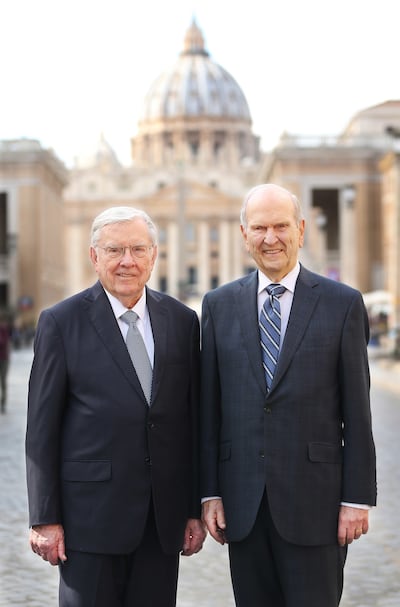 President Russell M. Nelson of The Church of Jesus Christ of Latter-day Saints and President M. Russell Ballard, president of the Quorum of the Twelve Apostles, pose near the Vatican in Rome, Italy on Saturday, March 9, 2019 after meeting with Pope Franci