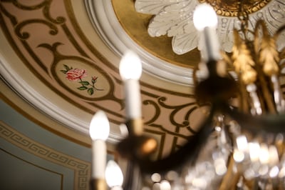 A hand-painted ceiling is pictured in a room in the historic Walker family estate on Walker Lane in Holladay on Thursday, Aug. 9, 2018. The home was originally built in 1895 by the Walker family and has been occupied by Jeff and Nancy Flamm and their fami