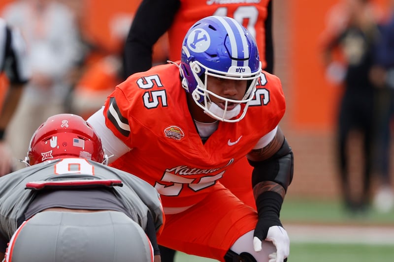 BYU offensive Kingsley Suamataia BYU (55) lines up during Senior Bowl, Saturday, Feb. 3, 2024, in Mobile, Ala.
