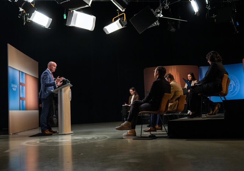 Gov. Spencer Cox speaks to media during a monthly news conference at PBS Utah at the Eccles Broadcast Center in Salt Lake City, Wednesday. Cox said he's "optimistic" about the state's upcoming strategic plan to save the Great Salt Lake.