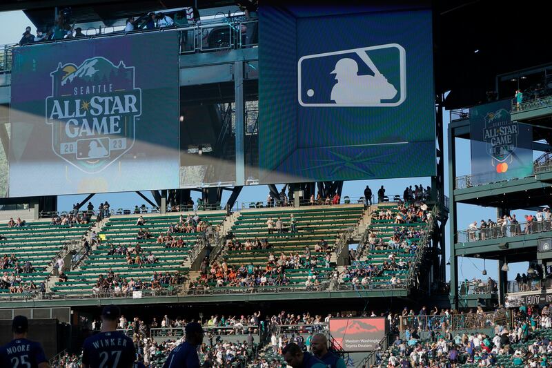 The logo for the 2023 MLB All-Star Game, which will be played in Seattle, is unveiled Friday, July 22, 2022, at T-Mobile Park before a game between the Seattle Mariners and the Houston Astros in Seattle. F-35s from Hill Air Force Base in Utah will perform a flyover before the All-Star Game.