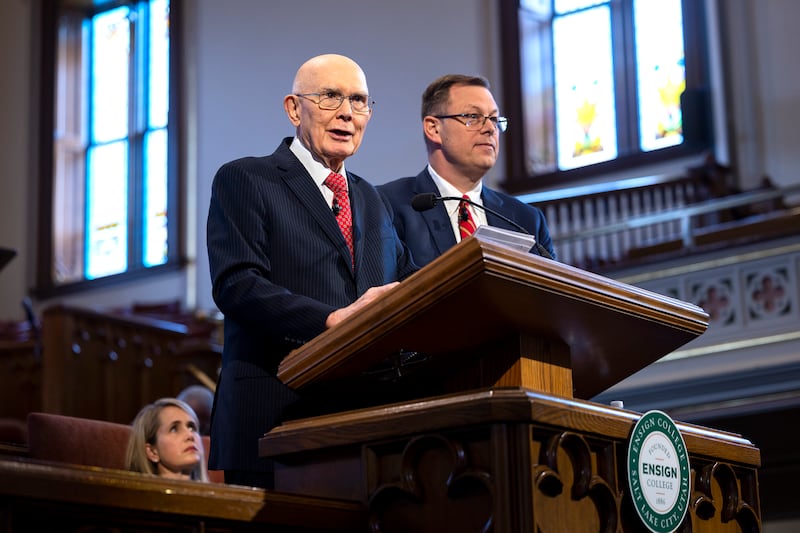 President Dallin H. Oaks, first counselor in the First Presidency of The Church of Jesus Christ of Latter-day Saints, and Elder Clark G. Gilbert, a General Authority Seventy.