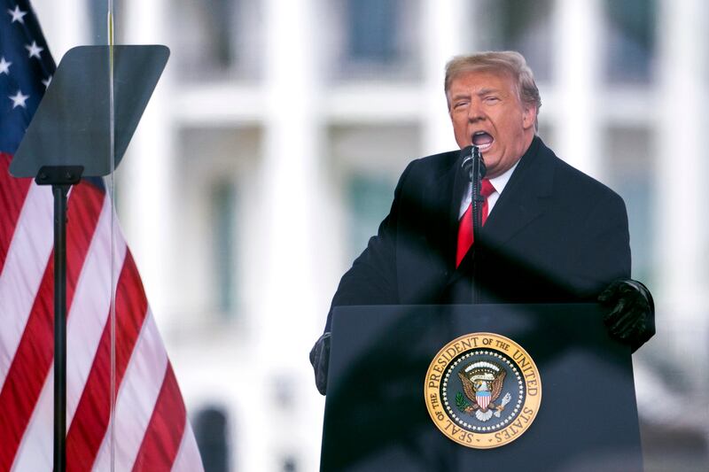 Then-President Donald Trump speaks during a rally disputing the 2020 presidential election in Washington on Jan. 6, 2021.