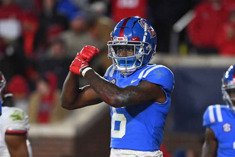 Mississippi cornerback Miles Battle (6) reacts after a play during a college football game against Alabama in Oxford, Miss., Nov. 12, 2022.