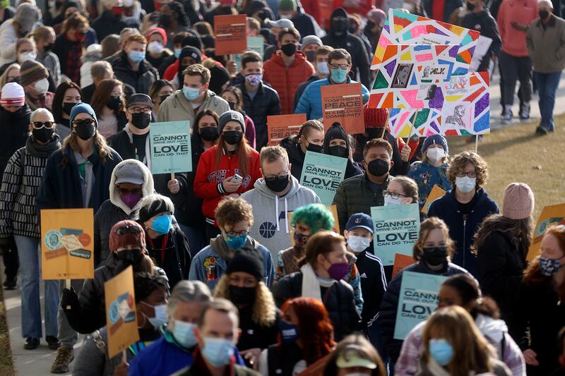 Hundreds march from East High School to Kingsbury Hall in the MLK Day March, as part of the University of Utah’s Dr. Martin Luther King Jr. Week, in Salt Lake City on Monday.