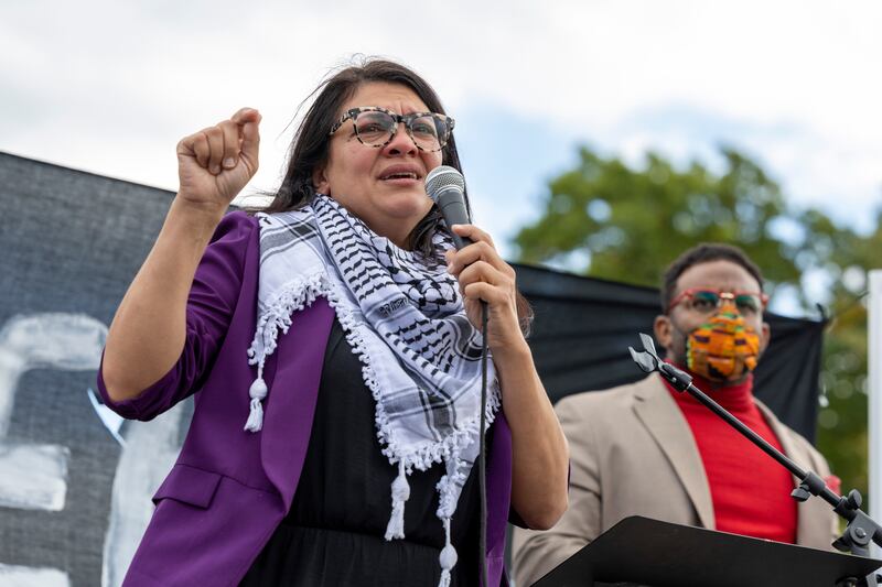 Rep. Rashida Tlaib, D-Mich., speaks during a demonstration calling for a cease-fire in Gaza on Oct. 18, 2023, in Washington.