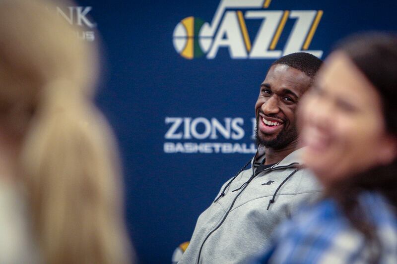 Ekpe Udoh laughs during his book club at the Zions Bank Basketball Campus in Salt Lake City on Thursday, Dec. 28, 2017.