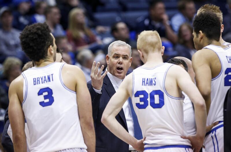 BYU basketball coach Dave Rose speaks to players during a timeout during game against Loyola Marymount at BYU's Marriott Center in Provo on Saturday, Jan. 28, 2017. The Cougars and Lions square off in their WCC tourney openers Saturday in Las Vegas.