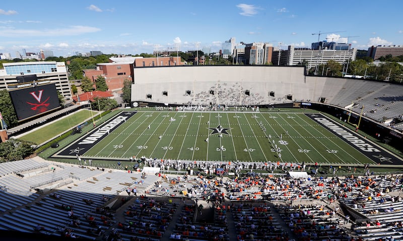 FILE - Virginia and Ohio play an NCAA college football game in Vanderbilt Stadium, Sept. 15, 2018, in Nashville, Tenn. Vanderbilt Stadium will be called FirstBank Stadium starting this season under a 10-year naming rights deal announced Monday, Aug. 29, 2022. (AP Photo/Mark Humphrey, File)