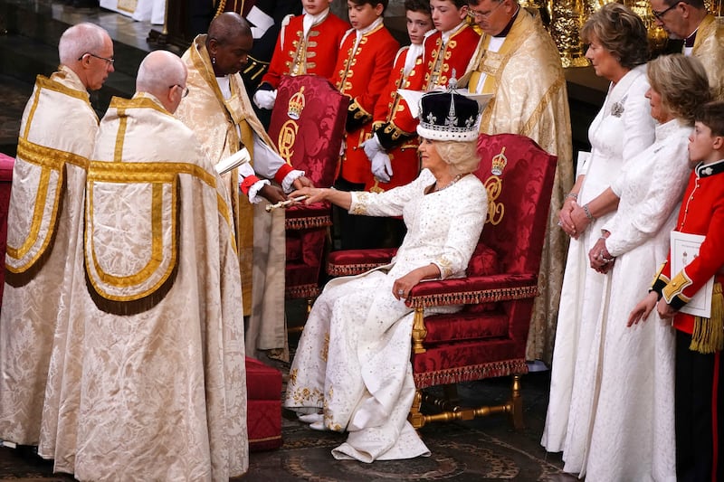 Queen Camilla wears Queen Mary’s Crown during her coronation ceremony at the Westminster Abbey in London.