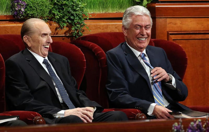 President Thomas S. Monson, left, shares a laugh with President Dieter F. Uchtdorf, right, second counselor in the First Presidency, before the afternoon session of the 186th Annual General Conference of The Church of Jesus Christ of Latter-day Saints at