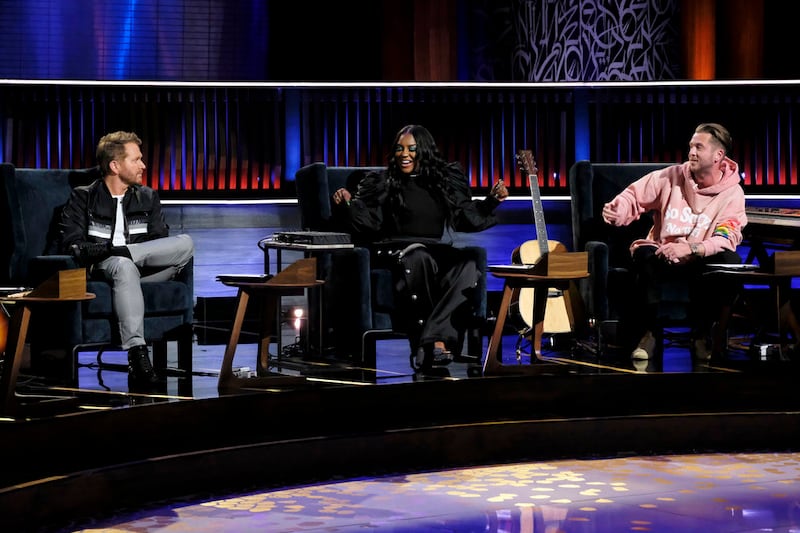 Songwriters Shane McAnally, Ester Dean and Ryan Tedder on the set of “Songland.”