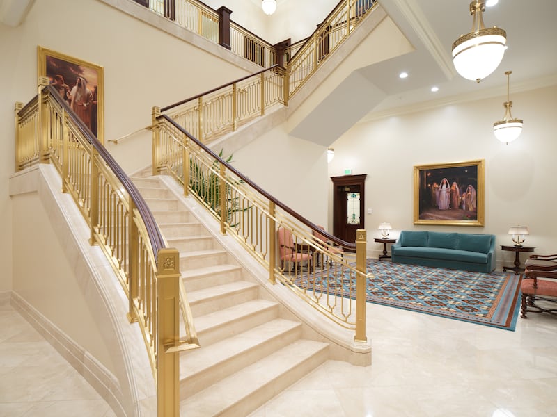 A staircase inside the Miraflores Guatemala City Guatemala Temple.