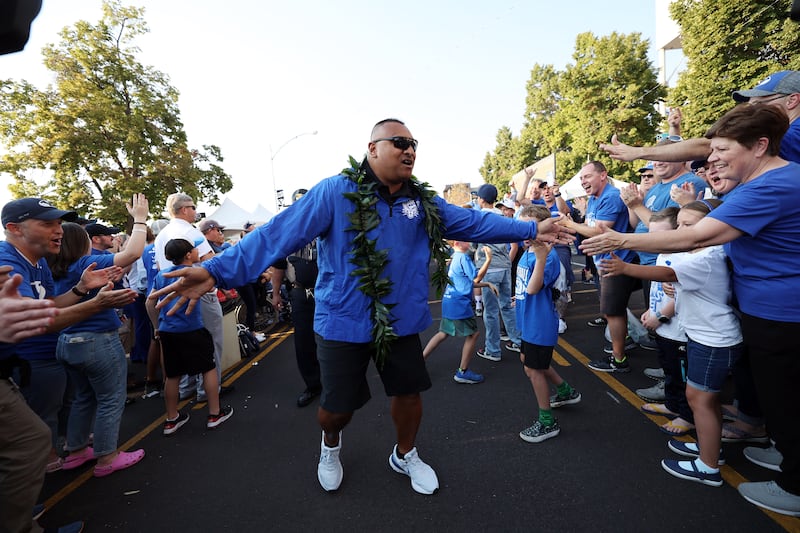 BYU head coach Kalani Sitake greets fans prior to the game against Baylor at LaVell Edwards Stadium in Provo on Saturday, Sept. 10, 2022.