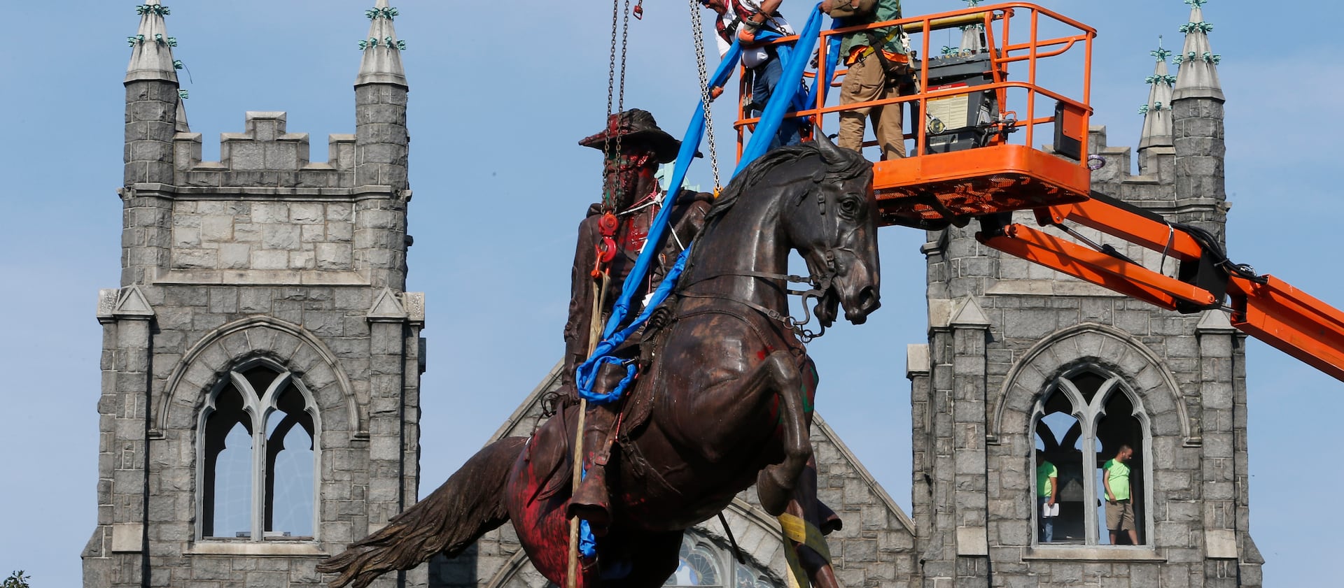 A statue of Confederate Gen. J.E.B. Stuart was among monuments removed in Richmond, Virginia, in 2020. A statue of Robert E. Lee is still in place, pending a court ruling.