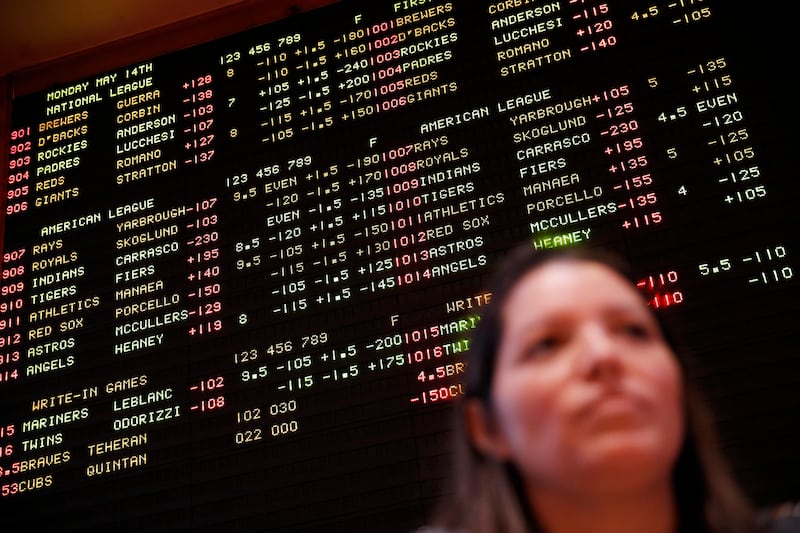 A board displays odds behind Aracely Geraci in the sports book at the South Point hotel-casino, Monday, May 14, 2018, in Las Vegas.